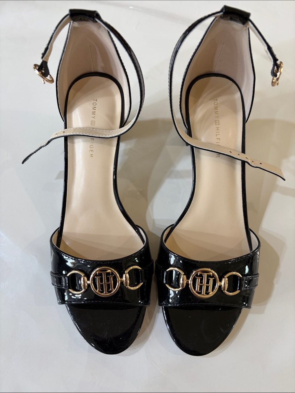 Tommy Hilfiger Black Patent Leather Ankle-Strap Heels with Gold Logo